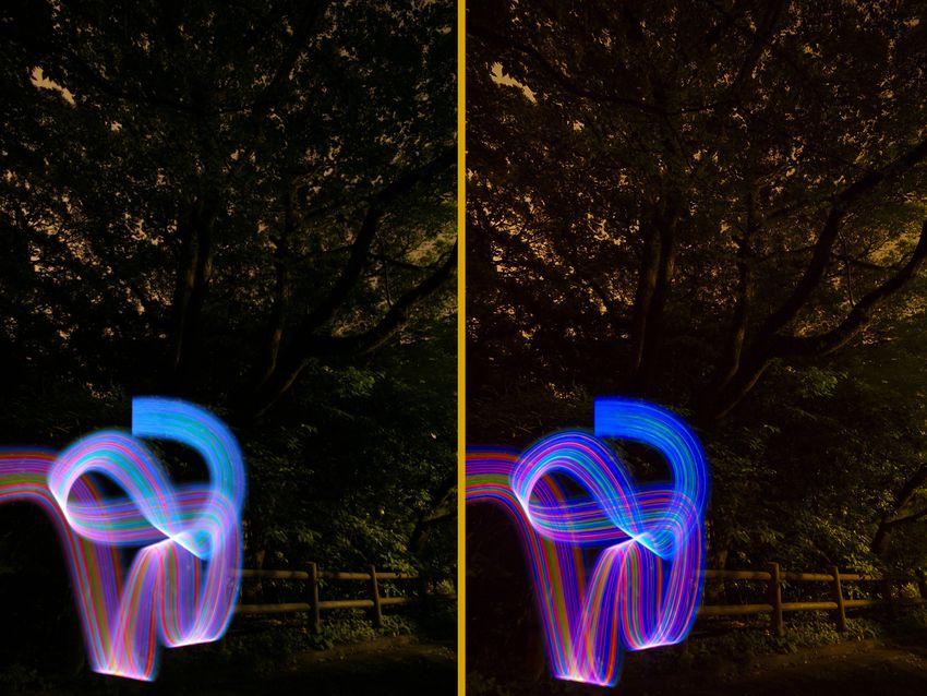 two similar pictures displayed side-by-side show a ribbon of many lights, twisting on itself under dark tree branches