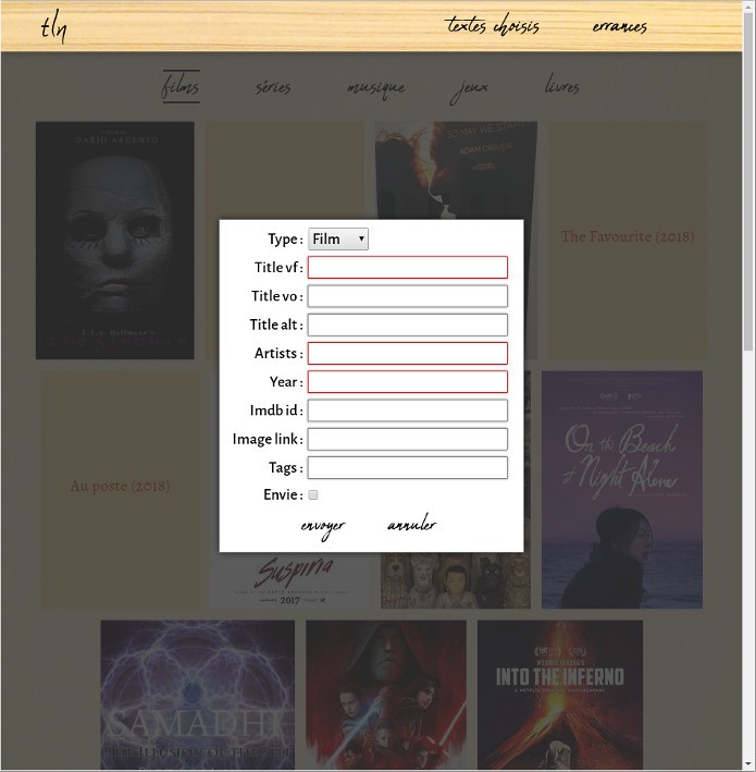 a form appears over the web page, asking for information (title, artist names, year...) in order to register a new film