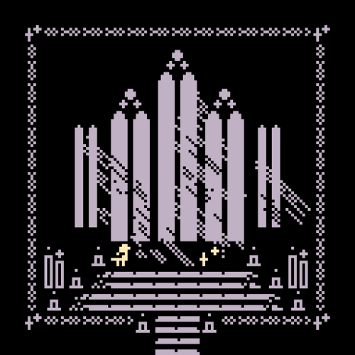 a pixel art rendition of the insides of a cathedral, with rays of light pouring through the stained glass